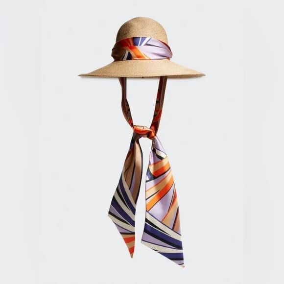 Eugenia Kim Accessories - Eugenia Kim Straw Sun Hat with Multicolor Silk Scarf Tie